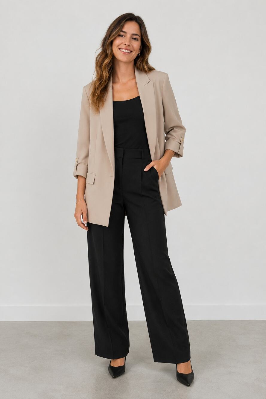 Zara Oversized Open Front Rolled Sleeve Blazer Womens Size XL Beige